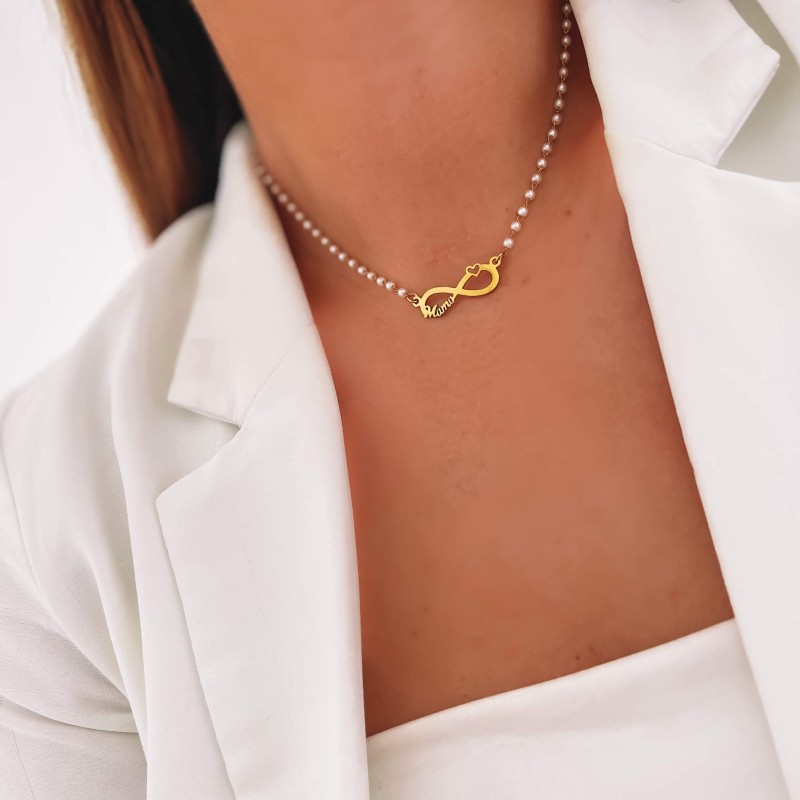 Naszyjnik dla mamy nieskończoność stal chirurgiczna perełki kolor złoty