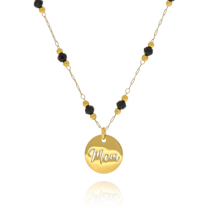 Naszyjnik dla mamy medalion z grawerem czarne koraliki