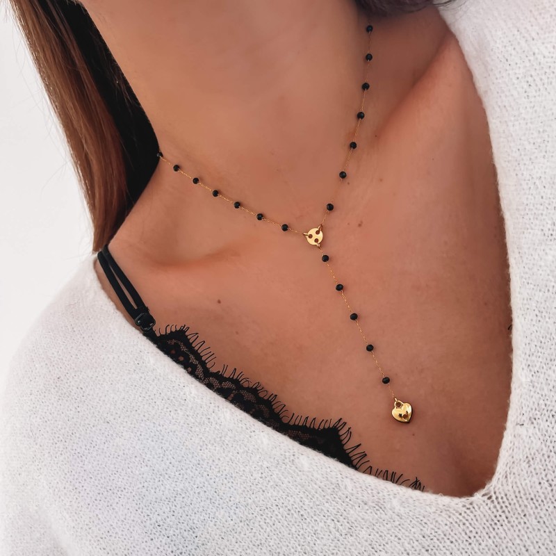 Naszyjnik z serduszkiem ze stali koraliki kolor czarny body chain