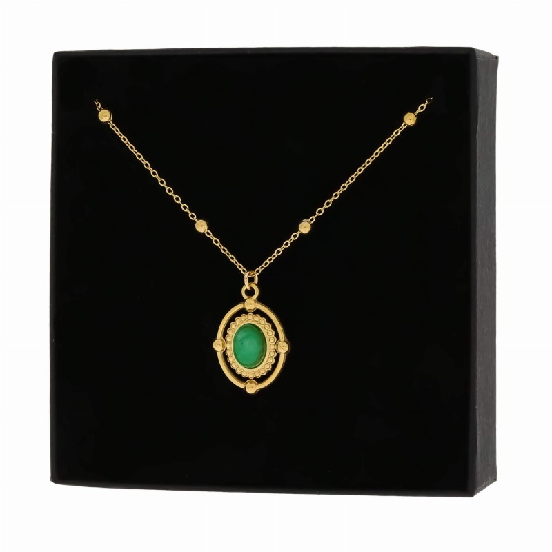 Naszyjnik ze stali medalion z kamieniem jadeit
