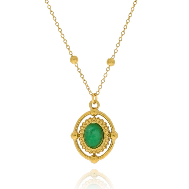 Naszyjnik ze stali medalion z kamieniem jadeit