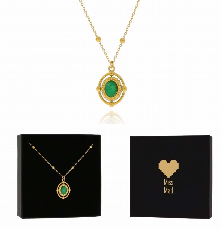 Naszyjnik ze stali medalion z kamieniem jadeit