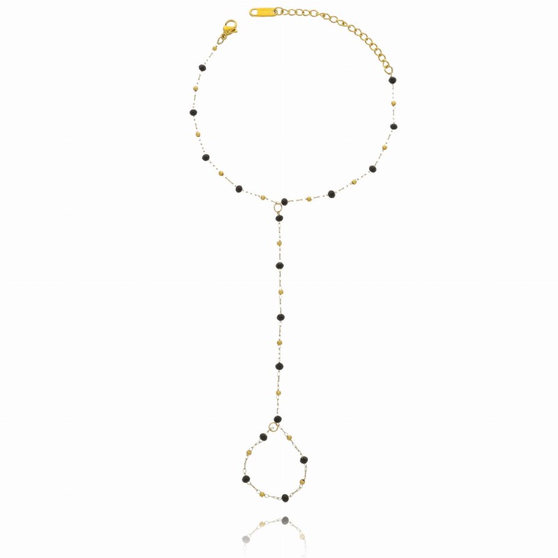 Bransoletka z pierścionkiem na palec z czarnymi koralikami stal chirurgiczna