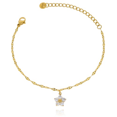 Bransoletka ze stali z delikatnym kwiatkiem kryształki kolor biały