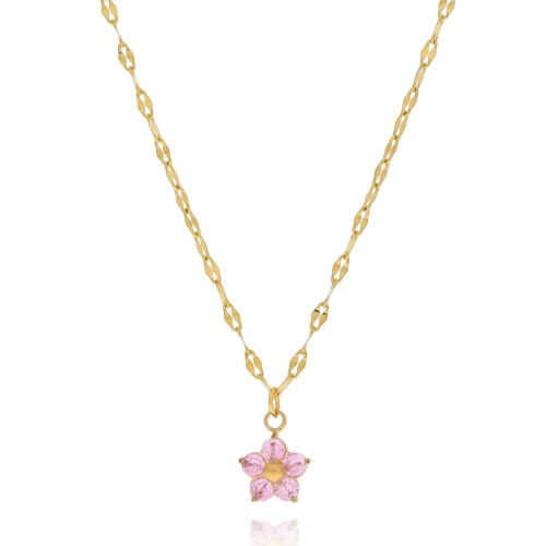 Naszyjnik ze stali z delikatnym kwiatkiem kryształki kolor różowy