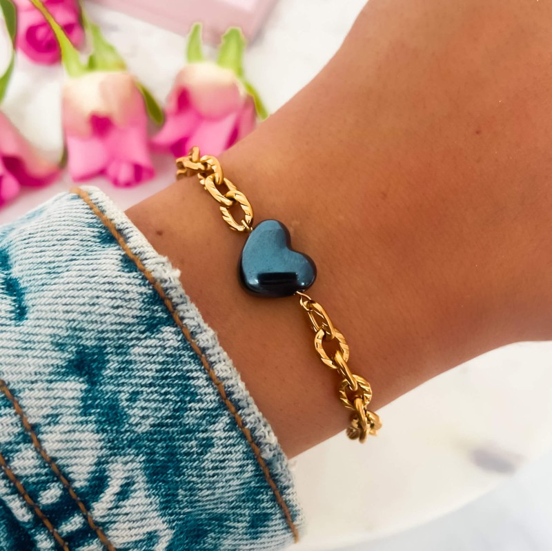 Bransoletka z sercem ceramicznym ze stali szlachetnej kolor granatowy