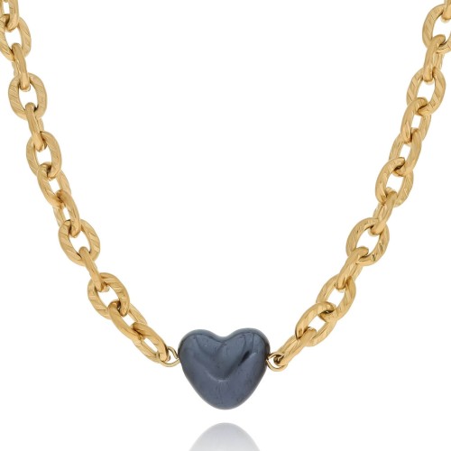 Naszyjnik  z sercem z ceramiki kolor granat łańcuch stal chirurgiczna 