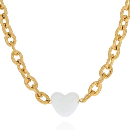 Naszyjnik  z sercem z ceramiki kolor biały łańcuch stal chirurgiczna 