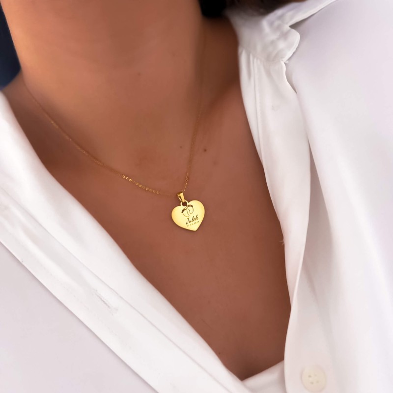 Naszyjnik stal sercem grawer  stópki imię + data personalizacja