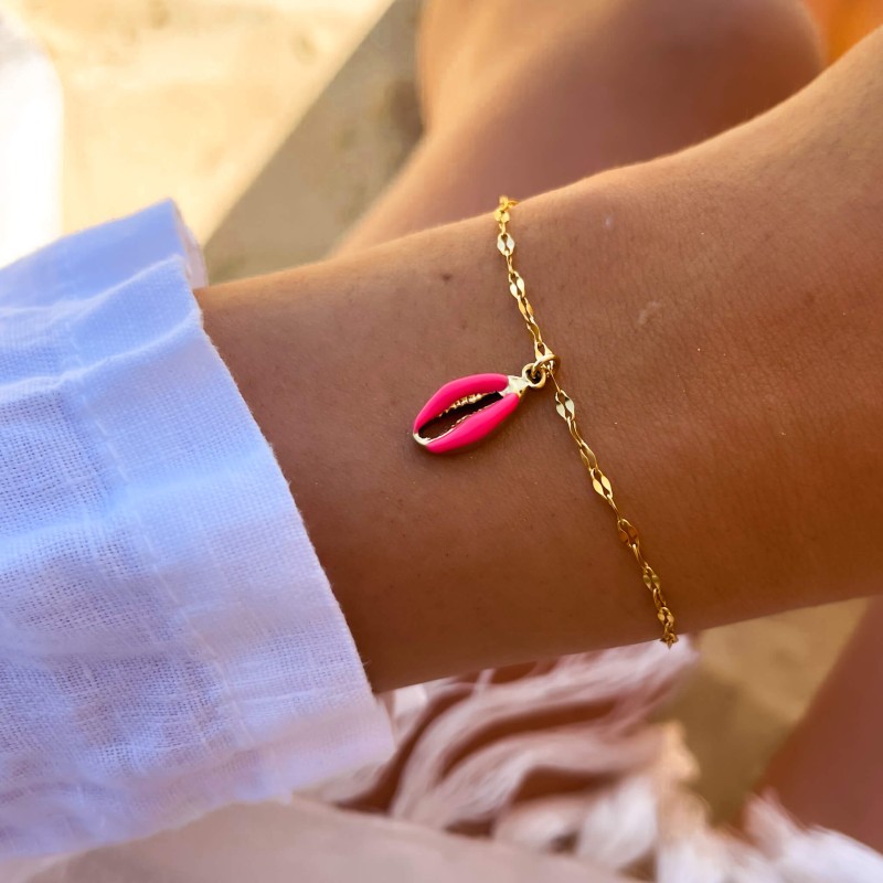 Bransoletka ze stali szlachetnej emalia różowa muszelka