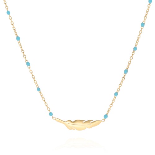 Naszyjnik stal szlachetna  piórko kolor złoty koraliki turkusowe