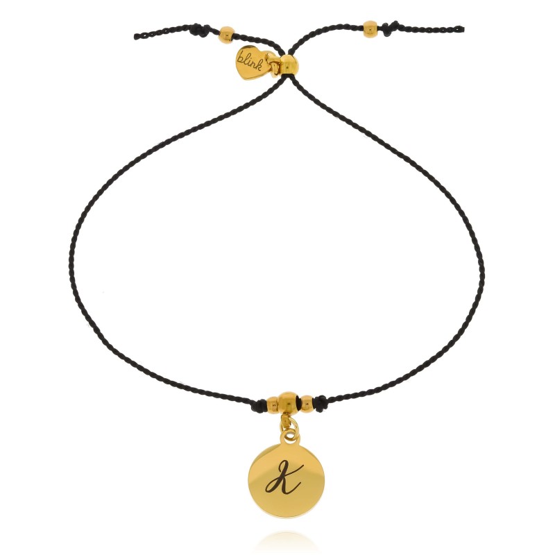 Bransoletka ze stali na czarnym sznurku litera grawer personalizacja