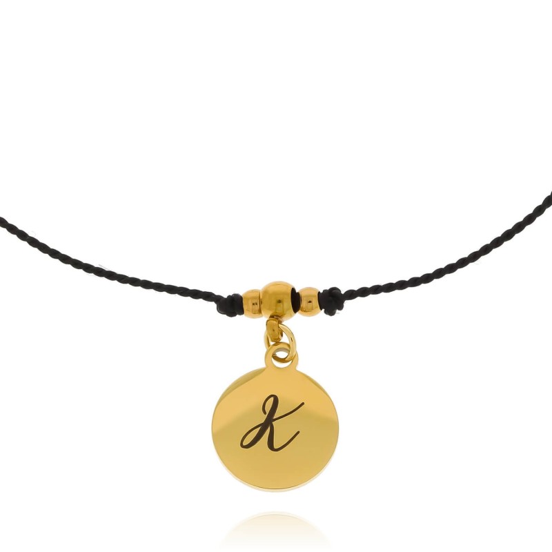 Bransoletka ze stali na czarnym sznurku litera grawer personalizacja