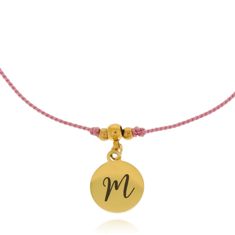 Bransoletka ze stali  literka grawer personalizacja sznurek brudy róż