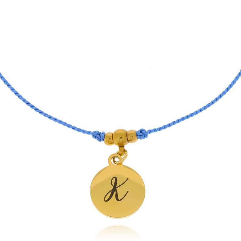 Bransoletka ze stali  literka grawer personalizacja sznurek niebieski