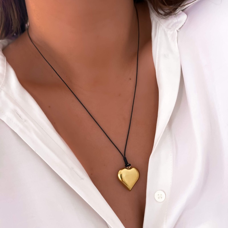 Naszyjnik ze stali chirurgicznej serce kolor złoty rzemyk czarny