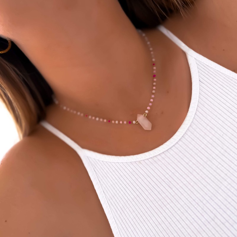 Naszyjnik choker koraliki różowe  stal chirurgiczna z kwarcem różowym