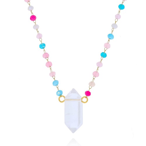 Naszyjnik choker koraliki różowo niebieskie stal chirurgiczna z kamieniem naturalnym kryształ górski