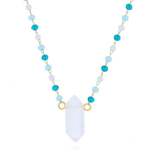 Naszyjnik choker koraliki turkusowe niebieskie stal chirurgiczna z kamieniem naturalnym kryształ górski 