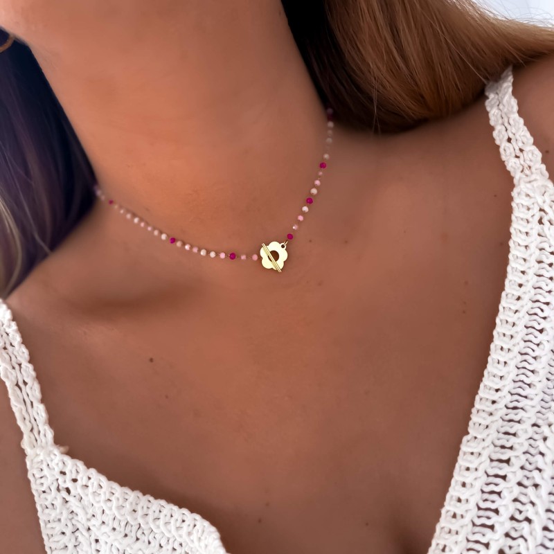 Naszyjnik choker koraliki różowe stal chirurgiczna kwiatek
