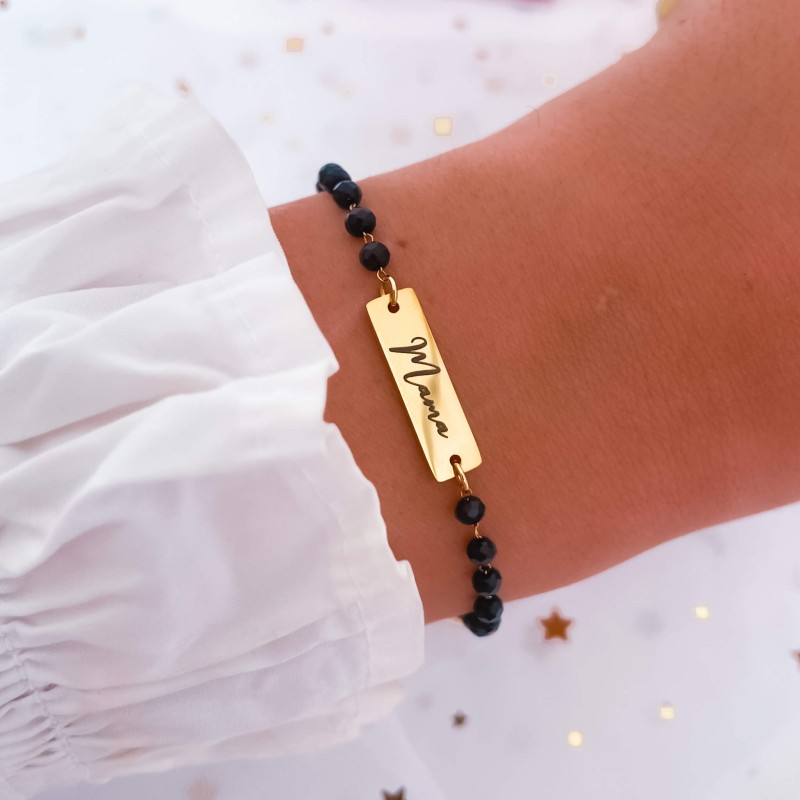 Bransoletka ze stali dla mamy z grawerem  mama czarne koraliki