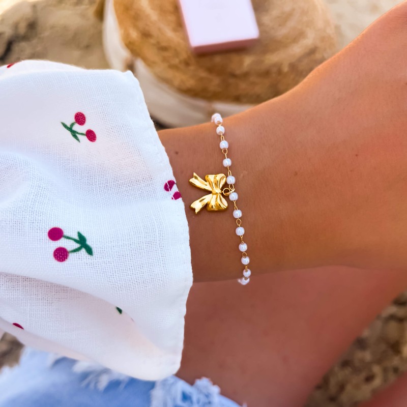 Bransoletka ze stali szlachetnej z kokardką koraliki perełki