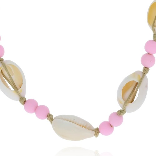 Naszyjnik muszelki z różowymi koralikami na sznurku