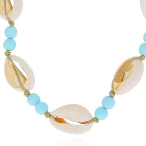 Naszyjnik muszelki z niebieskimi koralikami na sznurku