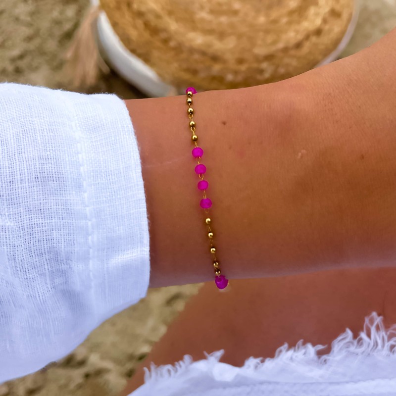 Bransoletka z różowymi koralikami stali chirurgiczna kolor złoty