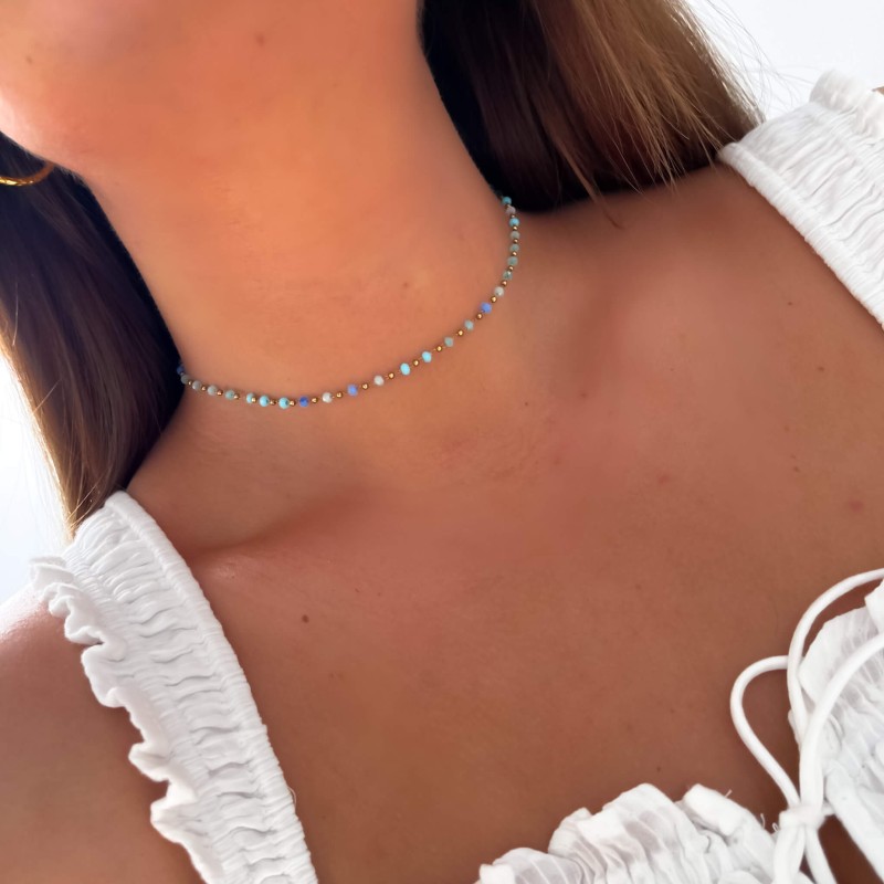 Naszyjnik niebieskimi koralikami pastele stal chirurgiczna kolor złoty