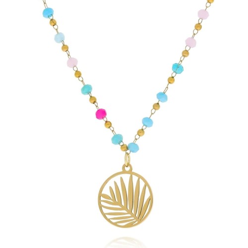 Naszyjnik z zawieszką palma kolorowe koraliki stal kolor złoty