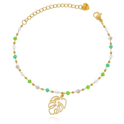 Bransoletka z zielonymi koralikami listek  stal chirurgiczna kolor złoty 