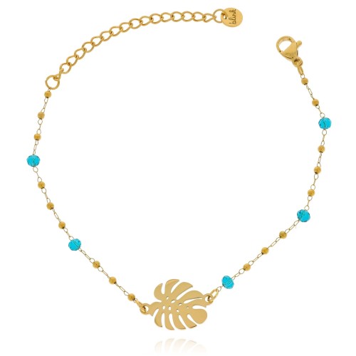 Bransoletka listkiem monstery niebieskie koraliki stal chirurgiczna kolor złoty 