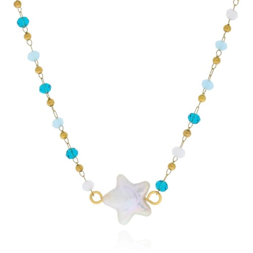 Naszyjnik z gwiazdką z perły hodowlanej stal pozłacana niebieskie koraliki 