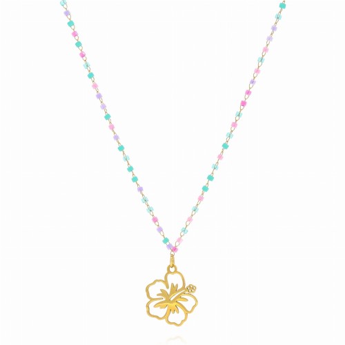 Naszyjnik z kwiatkiem kolorowe koraliki stal kolor złoty 