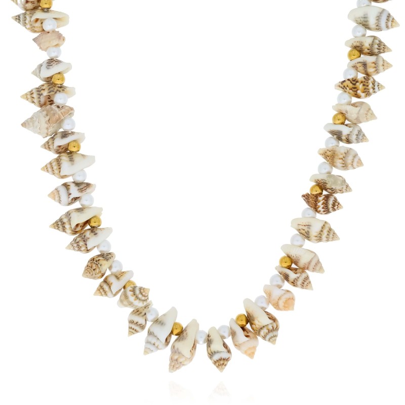 Naszyjnik z muszelek na wakacje koralki białe złote stal