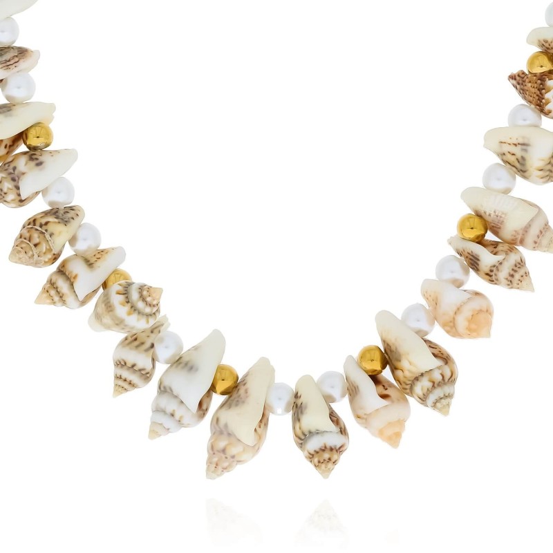 Naszyjnik z muszelek na wakacje koralki białe złote stal