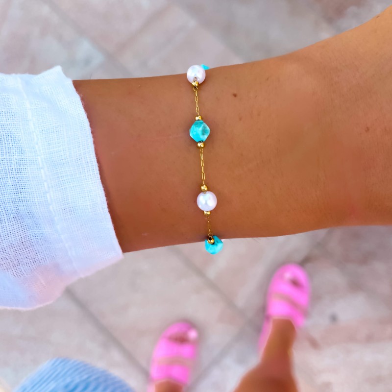 Bransoletka stal chirurgiczna pozłacana kamień turkus perłowe koraliki