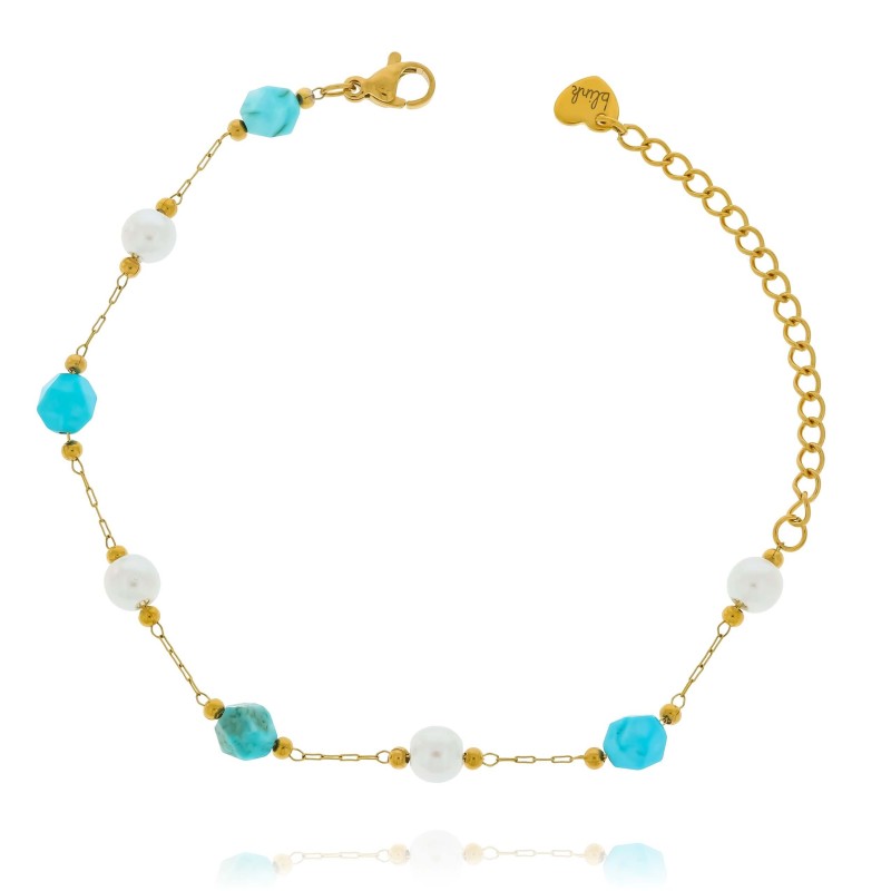 Bransoletka stal chirurgiczna pozłacana kamień turkus perłowe koraliki