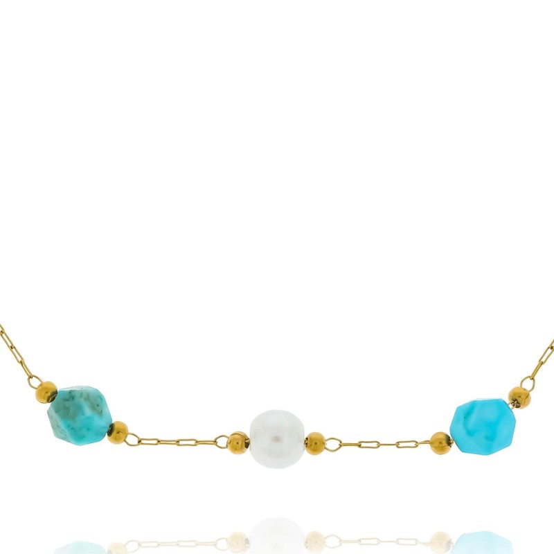 Bransoletka stal chirurgiczna pozłacana kamień turkus perłowe koraliki