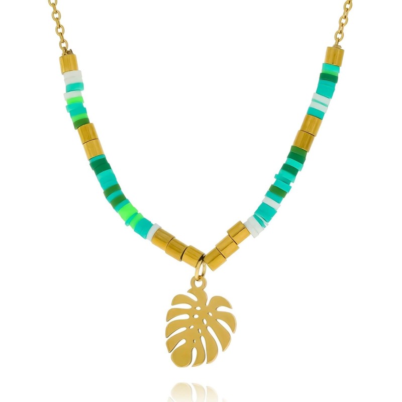Naszyjnik wakacyjny z zielonymi koralikami zawieszka palma ze stali chirugicznej