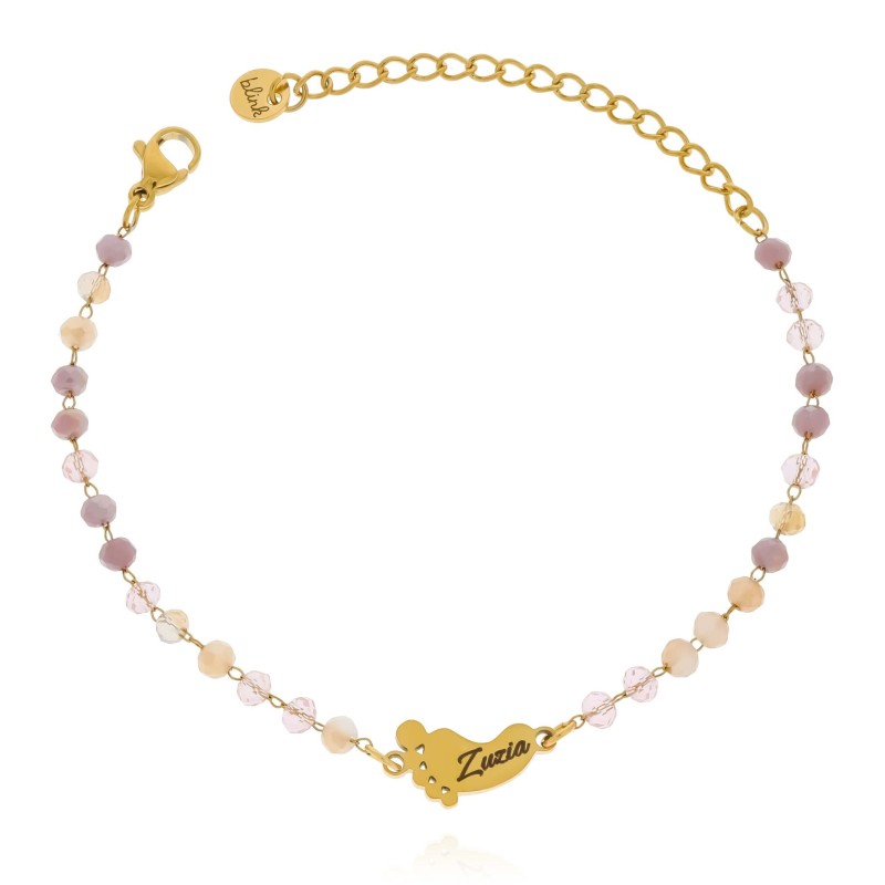 Bransoletka dla mamy ze stali chirurgicznej personalizowany grawer na stópce  różowe koraliki