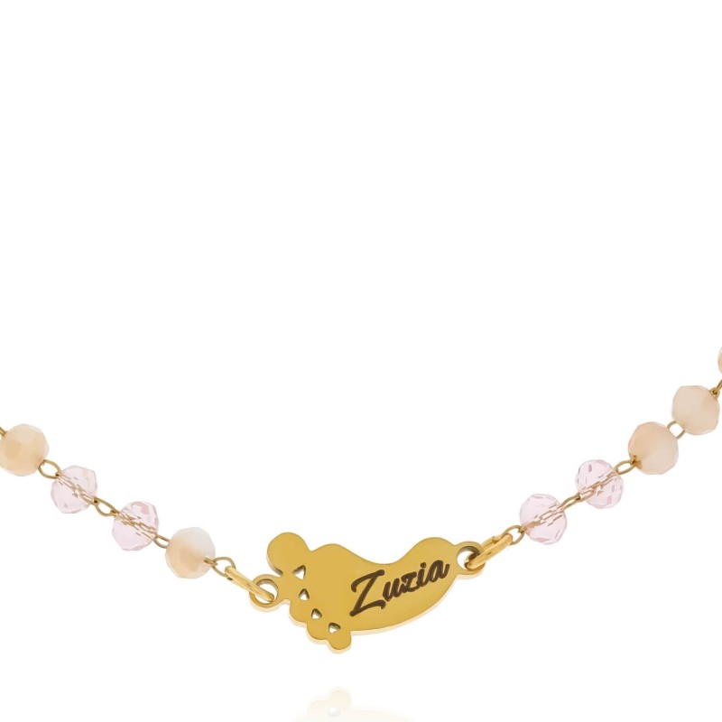 Bransoletka dla mamy ze stali chirurgicznej personalizowany grawer na stópce  różowe koraliki