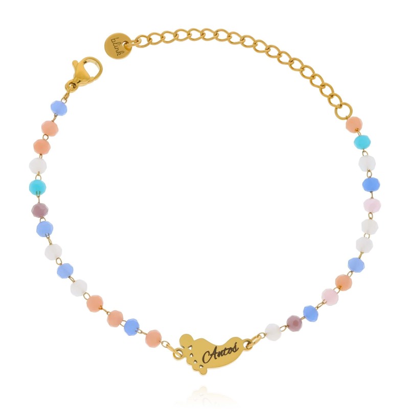 Bransoletka dla mamy ze stali chirurgicznej personalizowany grawer na stópce niebieskie koraliki