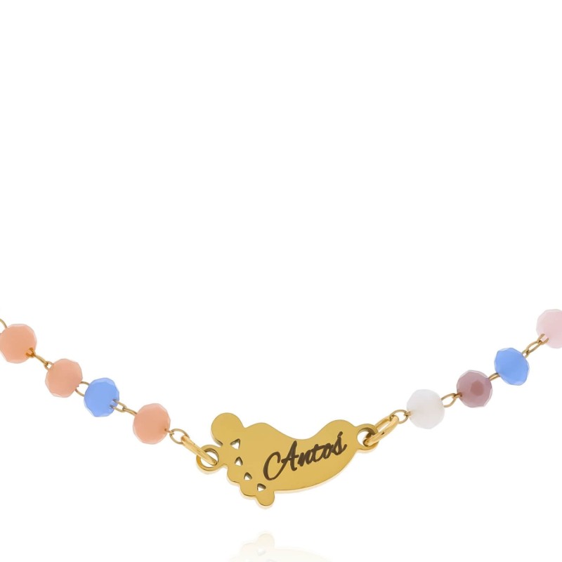 Bransoletka dla mamy ze stali chirurgicznej personalizowany grawer na stópce niebieskie koraliki