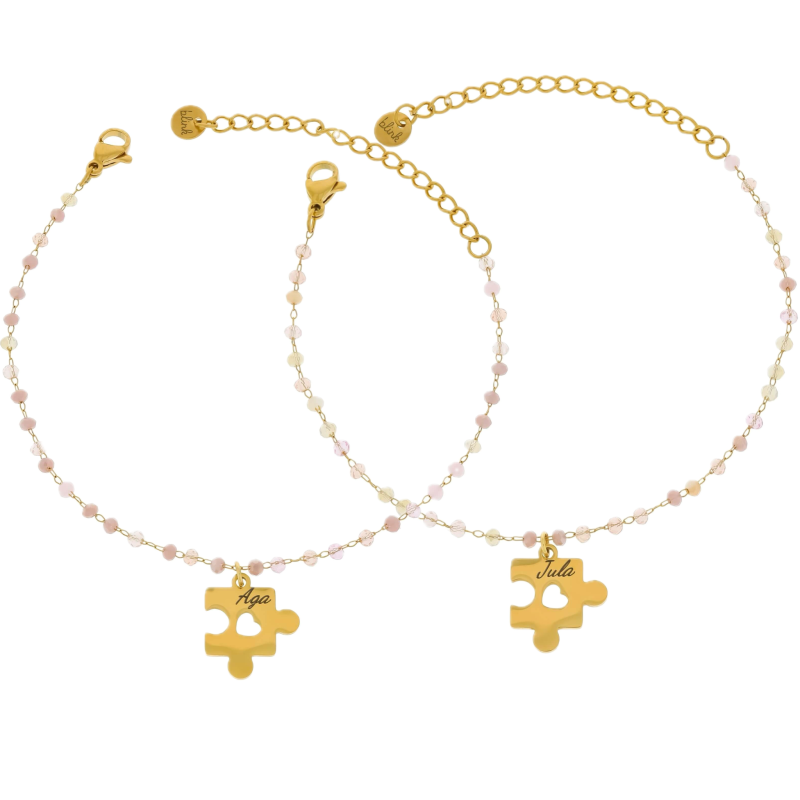 Bransoletki dla przyjaciółek komplet puzzel ze stali  personalizowany grawer różowe koraliki