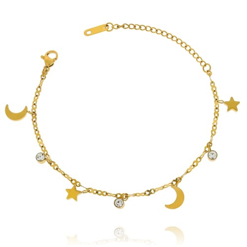 Bransoletka ze stali z zawieszkami księżyc gwiazdki kryształki kolor złoty