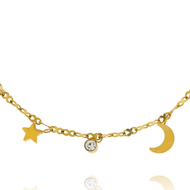 Bransoletka ze stali z zawieszkami księżyc gwiazdki kryształki kolor złoty