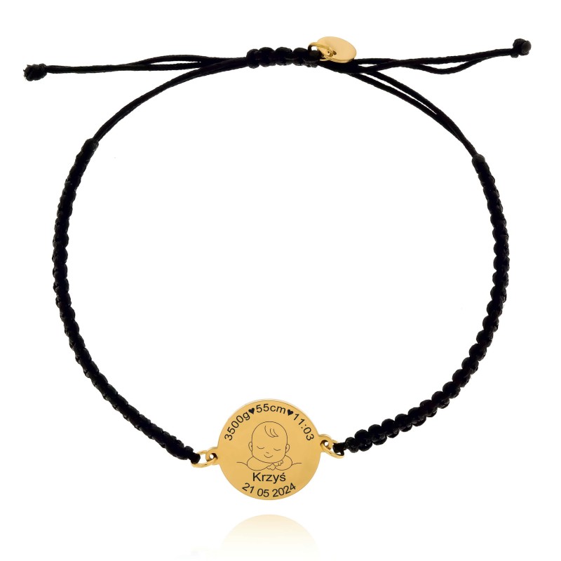 Bransoletka ze stali z metryczką dziecka personalizacja z grawerem na sznurku