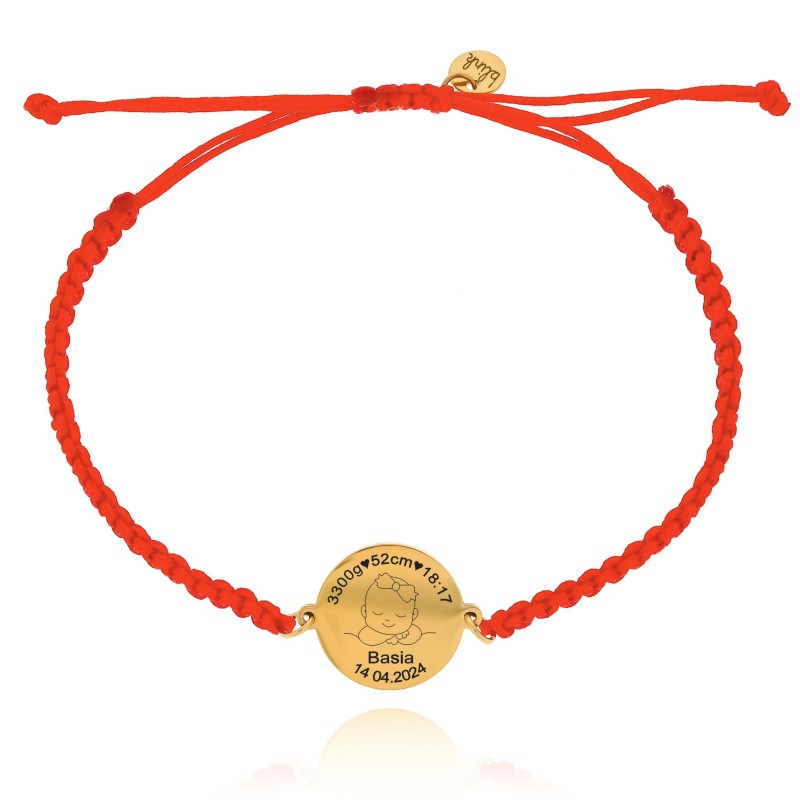 Bransoletka ze stali z metryczką dziecka personalizacja z grawerem na sznurku